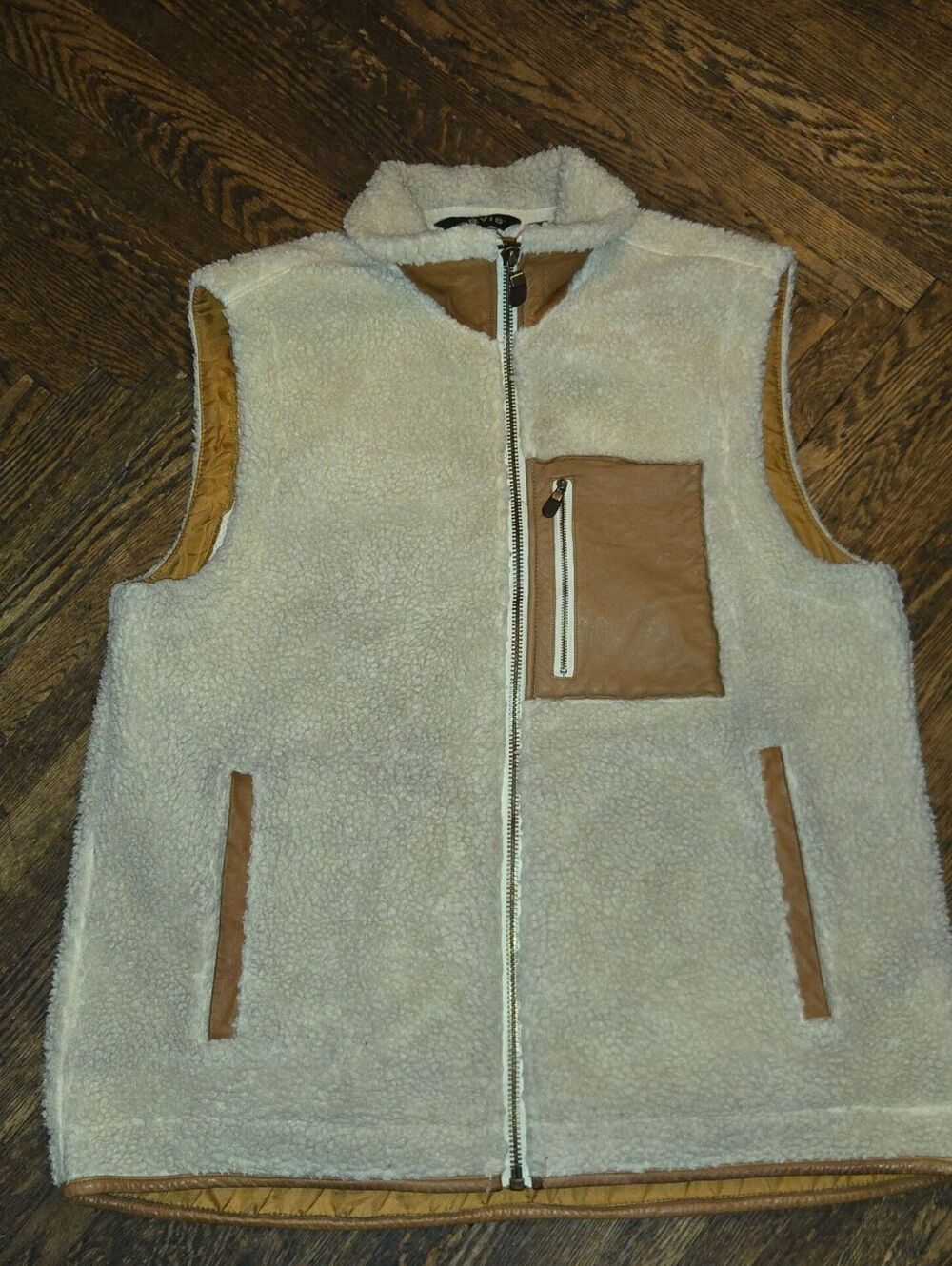 Orvis Sherpa Vest Mens Deep High Pile Fleece Leather Trim Outdoor Work Wear Sz L